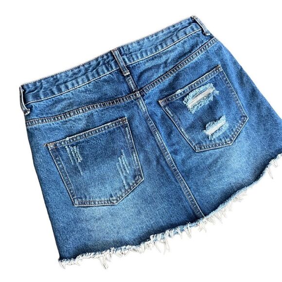 Forever 21 denim mini skirt button up fly distressed raw hem size 28 - Picture 4 of 12
